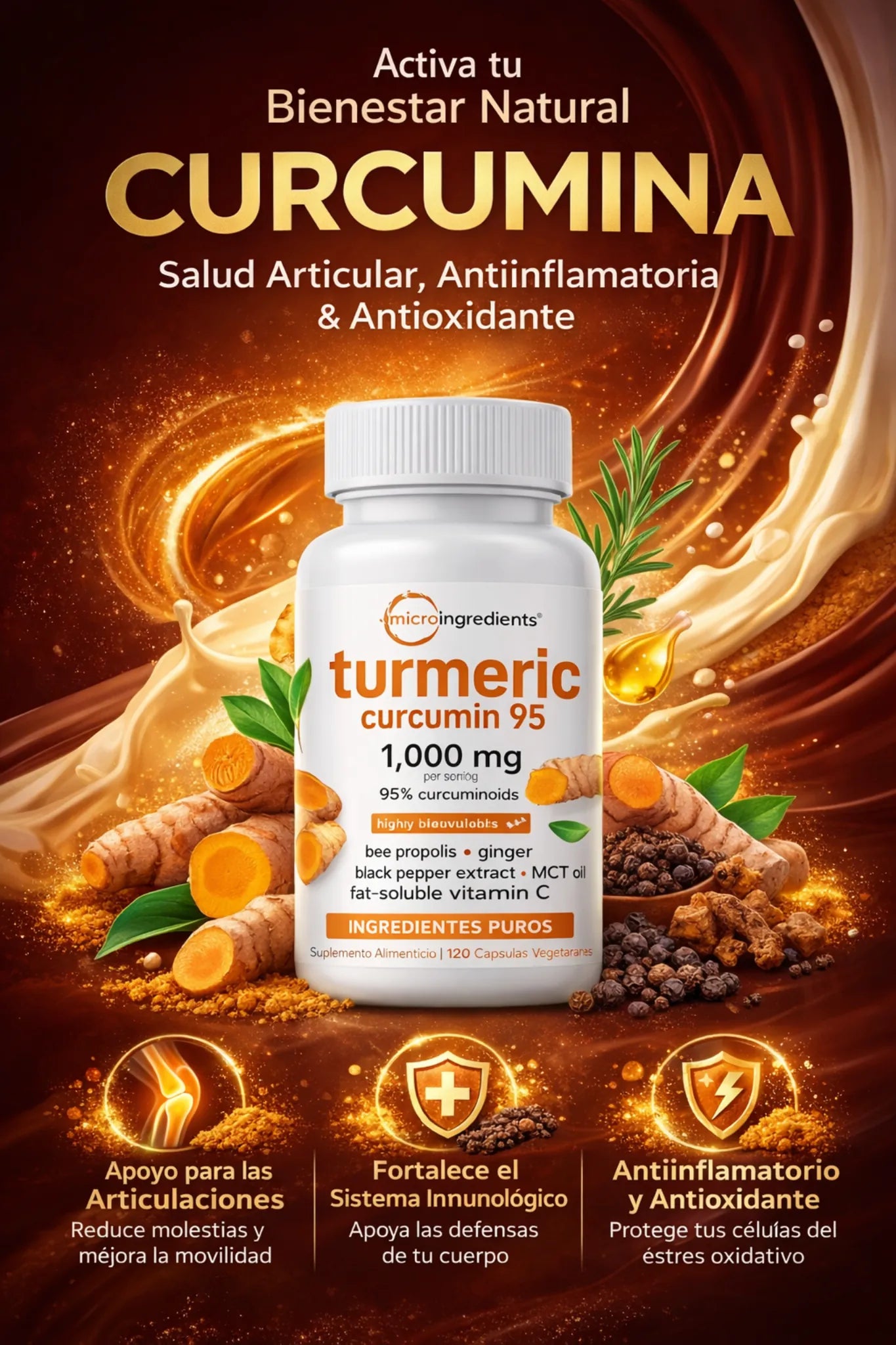 Suplemento de Curcumina Pura con Propóleo de Abeja, Jengibre, Aceite MCT, Vitamina C Soluble en Grasa y Pimienta Negra