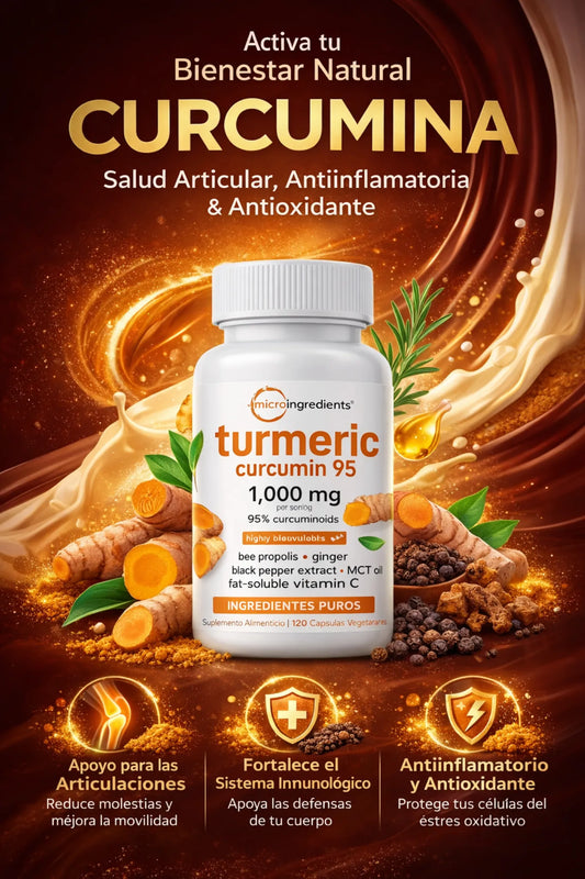 Suplemento de Curcumina Pura con Propóleo de Abeja, Jengibre, Aceite MCT, Vitamina C Soluble en Grasa y Pimienta Negra